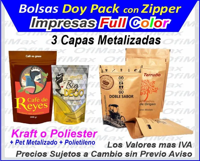 bolsas fundas o empaques doypack con zipper y ventanilla impresas en kraft, colombia