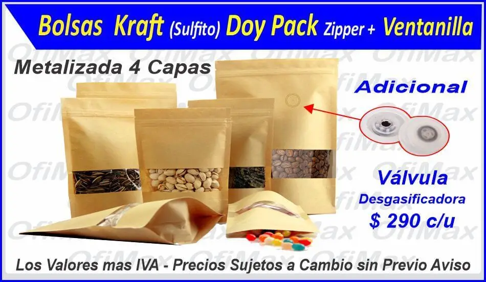 Bolsas doy pack con ventanilla en papel kraft genericas, colombia