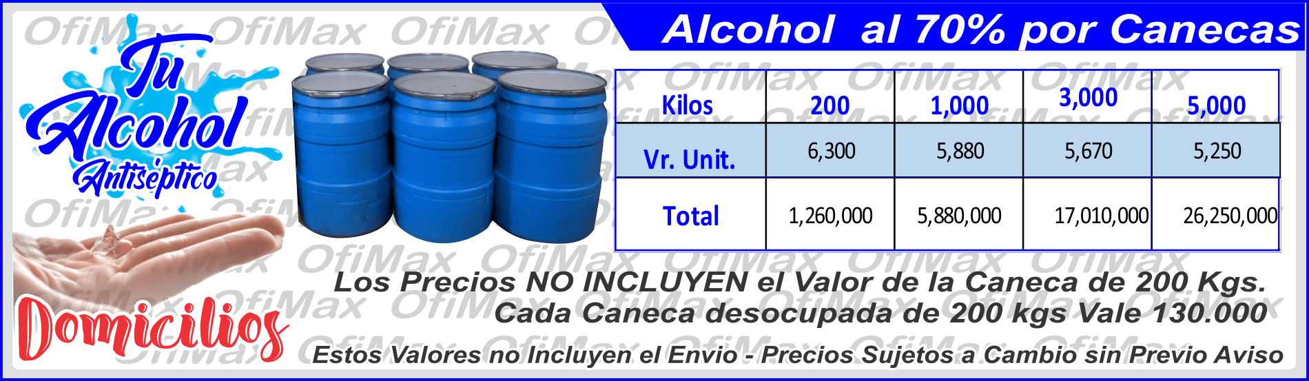 alcohol antiseptico por canecas, colombia